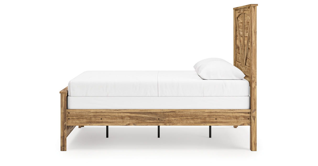 Maystonna Golden Rustic Queen Crossbuck Panel Bed, Dresser, Mirror and Nightstand from Ashley - Luna Furniture