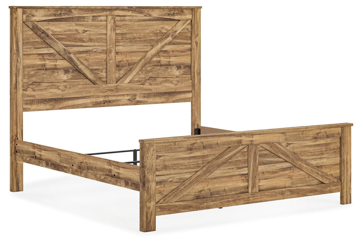 Maystonna Ardenfield Light Brown King Upholstered Sleigh Bed, Dresser, Mirror, Chest and 2 NightstandsKing Crossbuck Panel Bed, Dresser, Mirror and Nightstand from Ashley - Luna Furniture