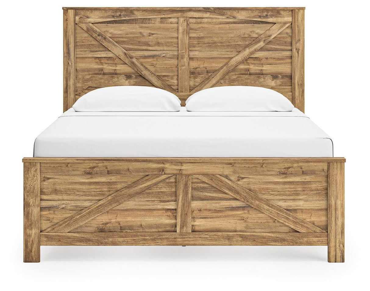Maystonna Ardenfield Light Brown King Upholstered Sleigh Bed, Dresser, Mirror, Chest and 2 NightstandsKing Crossbuck Panel Bed, Dresser, Mirror and Nightstand from Ashley - Luna Furniture