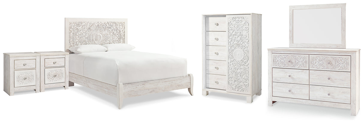 Paxberry Queen Panel Bed with Mirrored Dresser, Chest and 2 Nightstands in Whitewash from Ashley - Luna Furniture