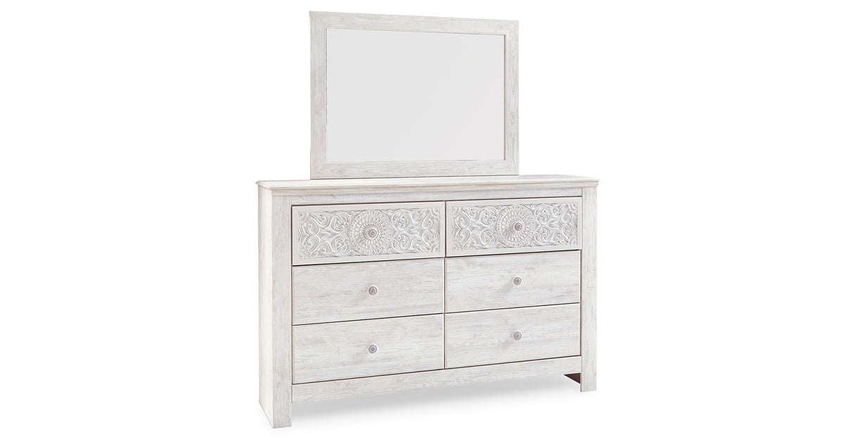 Paxberry King Panel Bed with Mirrored Dresser and 2 Nightstands in Whitewash from Ashley - Luna Furniture