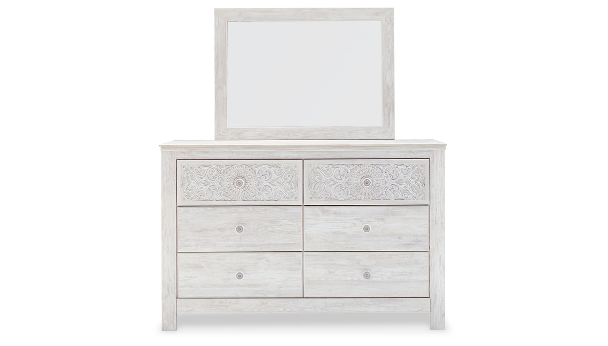 Paxberry King Panel Bed with Mirrored Dresser and 2 Nightstands in Whitewash from Ashley - Luna Furniture