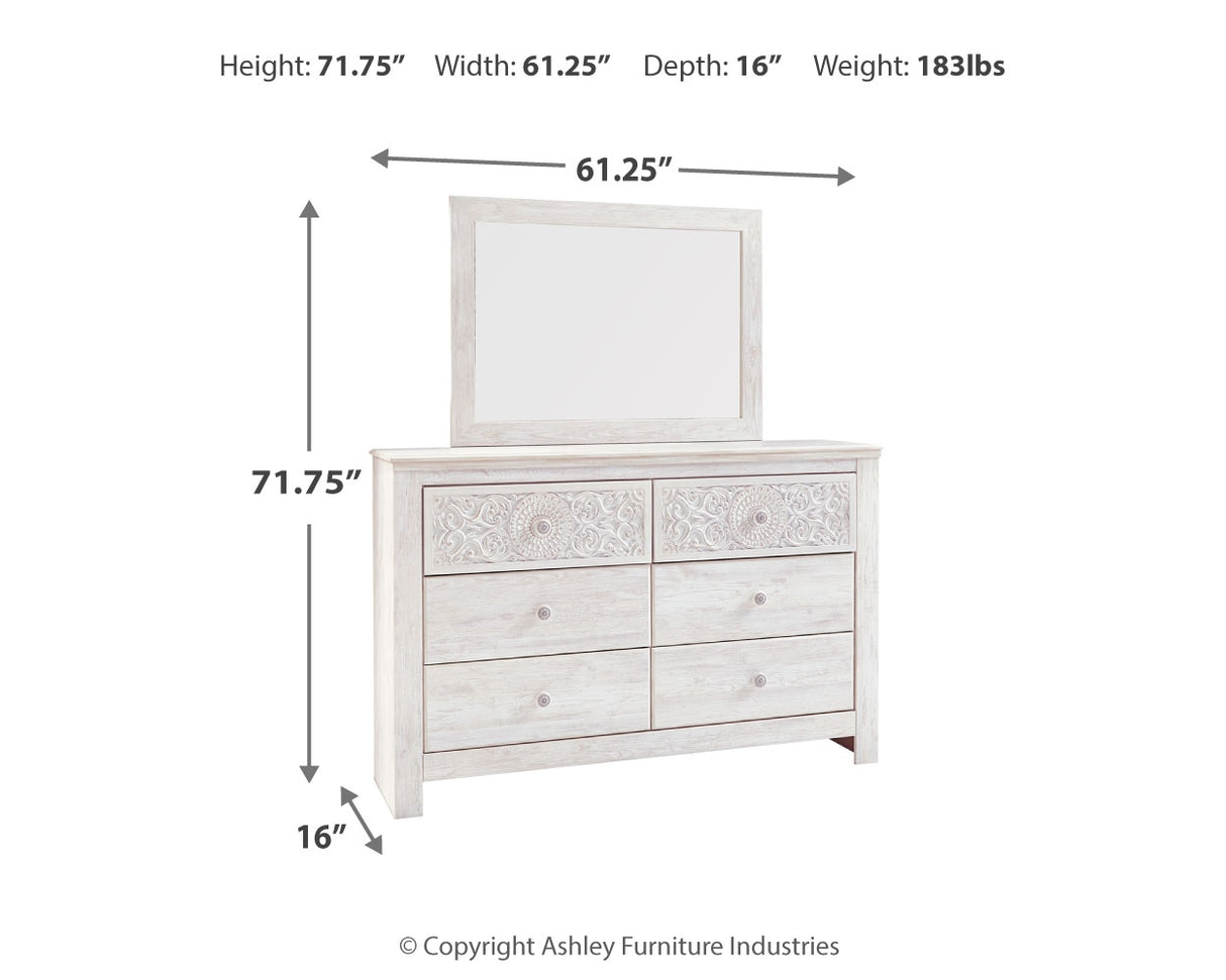 Paxberry Queen Panel Bed with Mirrored Dresser and 2 Nightstands in Whitewash from Ashley - Luna Furniture