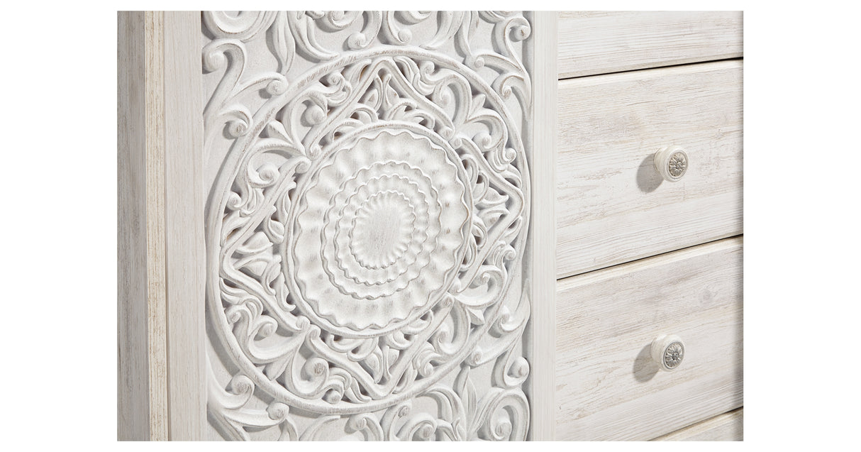 Paxberry King Panel Bed with Mirrored Dresser, Chest and 2 Nightstands in Whitewash from Ashley Furniture - Luna Furniture