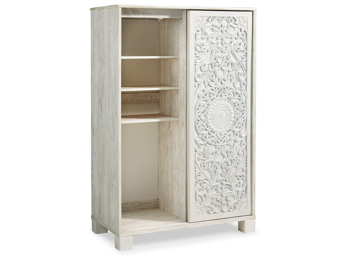 Paxberry King Panel Bed with Mirrored Dresser, Chest and 2 Nightstands in Whitewash from Ashley Furniture - Luna Furniture