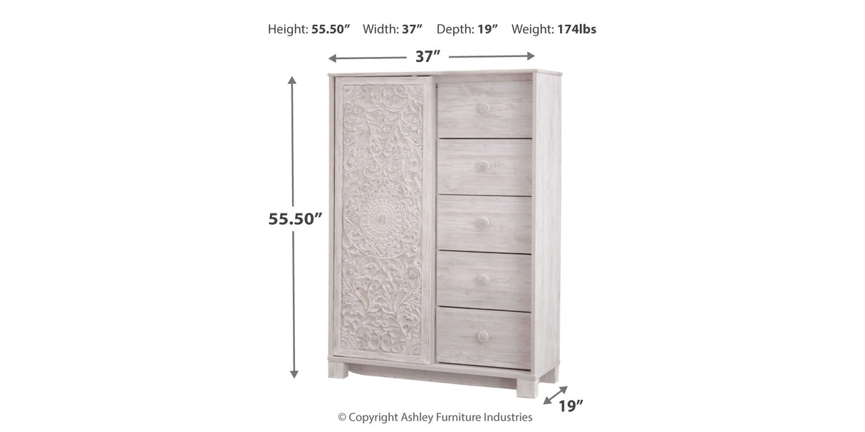 Paxberry Queen Panel Bed with Mirrored Dresser, Chest and 2 Nightstands in Whitewash from Ashley Furniture - Luna Furniture