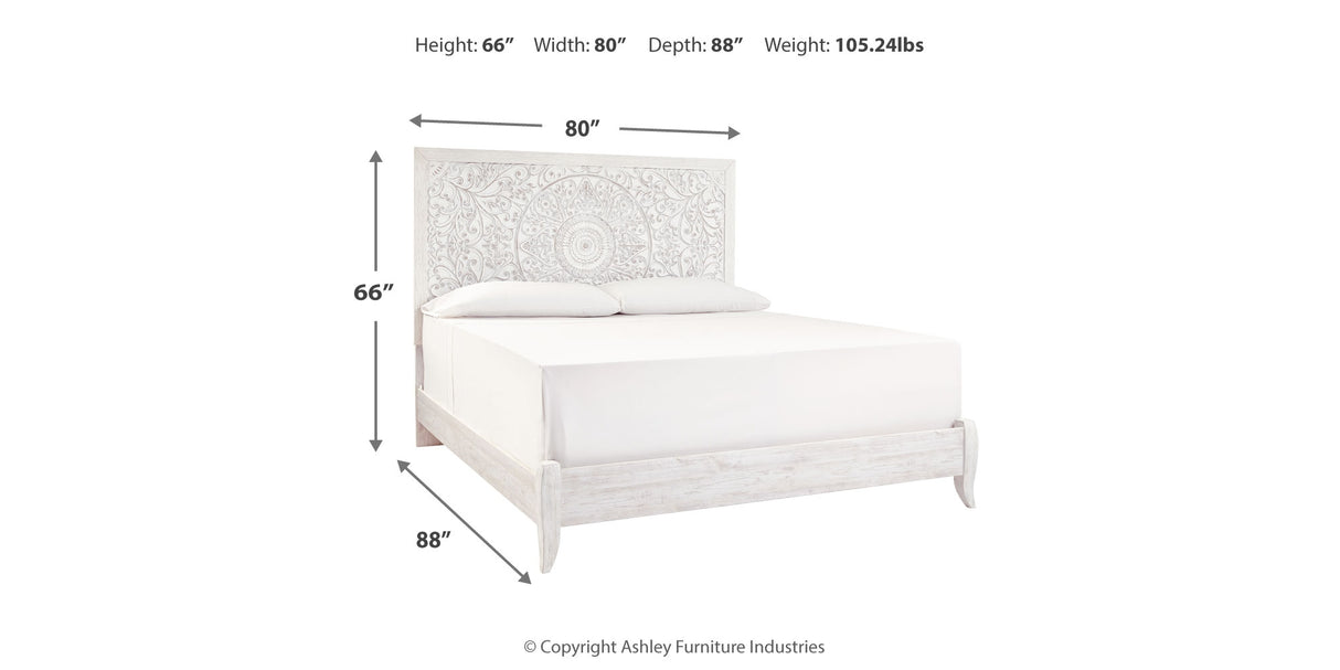 Paxberry King Panel Bed with Mirrored Dresser and 2 Nightstands in Whitewash from Ashley - Luna Furniture