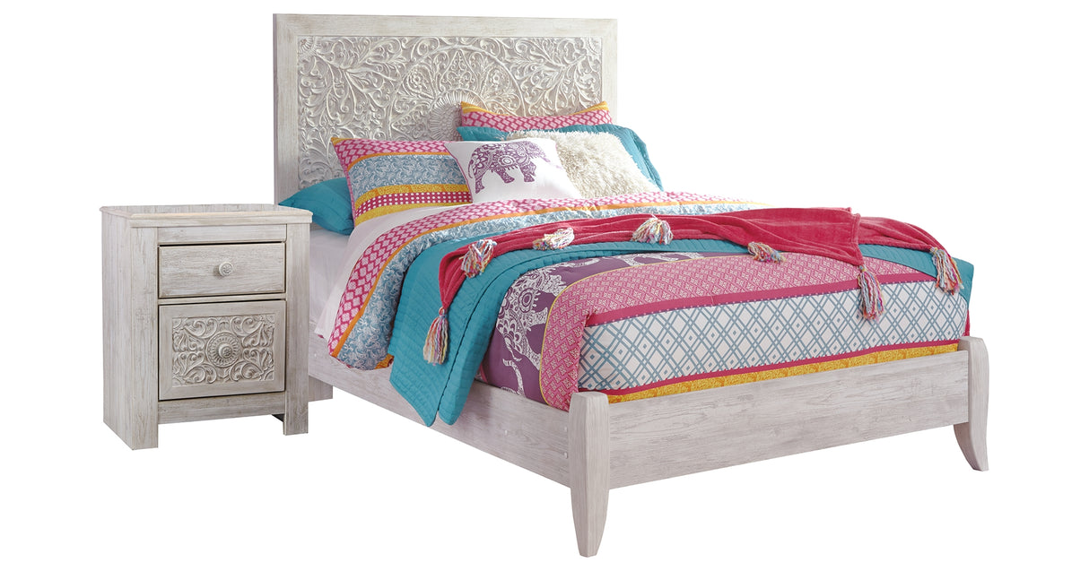 Paxberry Full Panel Bed with Nightstand in Whitewash from Ashley Furniture - Luna Furniture