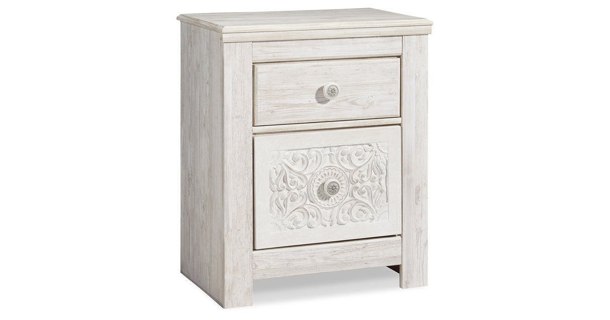 Paxberry King Panel Bed with Mirrored Dresser and 2 Nightstands in Whitewash from Ashley - Luna Furniture