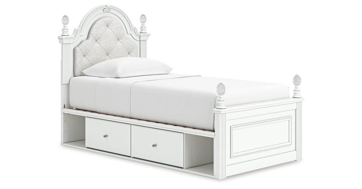 Kozlani Twin Upholstered Panel Storage Bed with Mirrored Dresser and Nightstand in White from Ashley - Luna Furniture