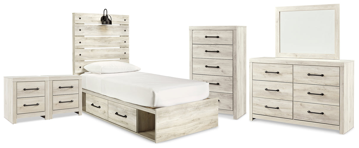 Cambeck Twin Panel Bed with 4 Storage Drawers with Mirrored Dresser, Chest and 2 Nightstands in Whitewash from Ashley Furniture - Luna Furniture