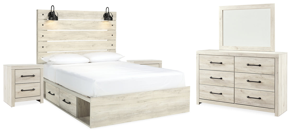 Cambeck Queen Panel Bed with 2 Storage Drawers with Mirrored Dresser and 2 Nightstands in Whitewash from Ashley Furniture - Luna Furniture