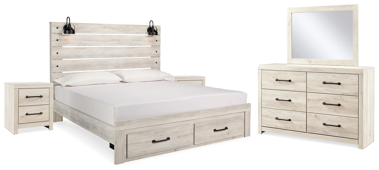 Cambeck King Panel Bed with 2 Storage Drawers with Mirrored Dresser and 2 Nightstands in Whitewash from Ashley - Luna Furniture