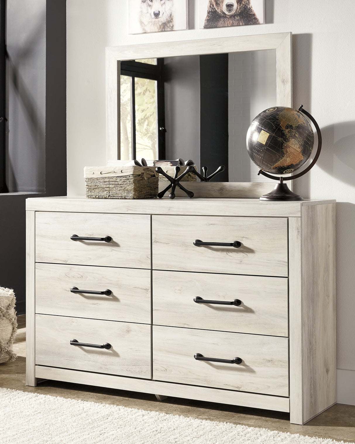 Cambeck Twin Panel Bed with 4 Storage Drawers with Mirrored Dresser, Chest and 2 Nightstands in Whitewash from Ashley Furniture - Luna Furniture