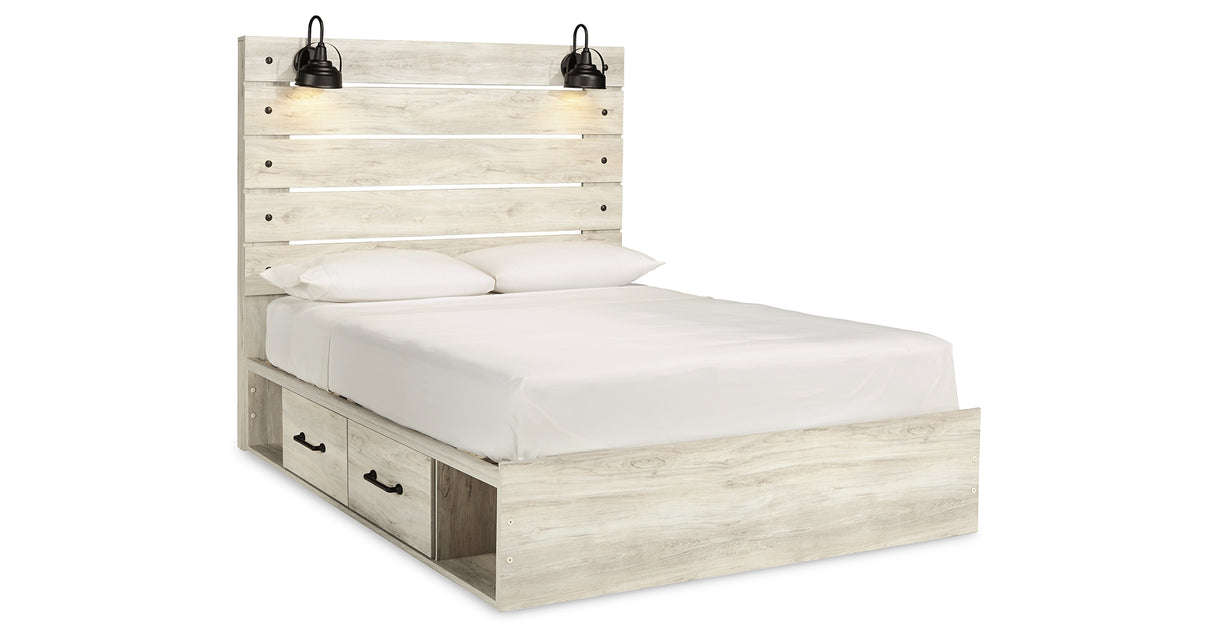 Cambeck Queen Panel Bed with 4 Storage Drawers with Mirrored Dresser and 2 Nightstands in Whitewash from Ashley Furniture - Luna Furniture