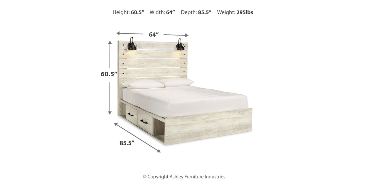 Cambeck Queen Panel Bed with 4 Storage Drawers with Mirrored Dresser, Chest and 2 Nightstands in Whitewash from Ashley - Luna Furniture