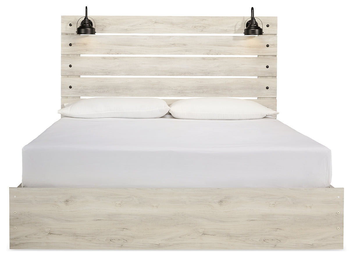Cambeck King Panel Bed with 2 Storage Drawers with Mirrored Dresser and 2 Nightstands in Whitewash from Ashley Furniture - Luna Furniture