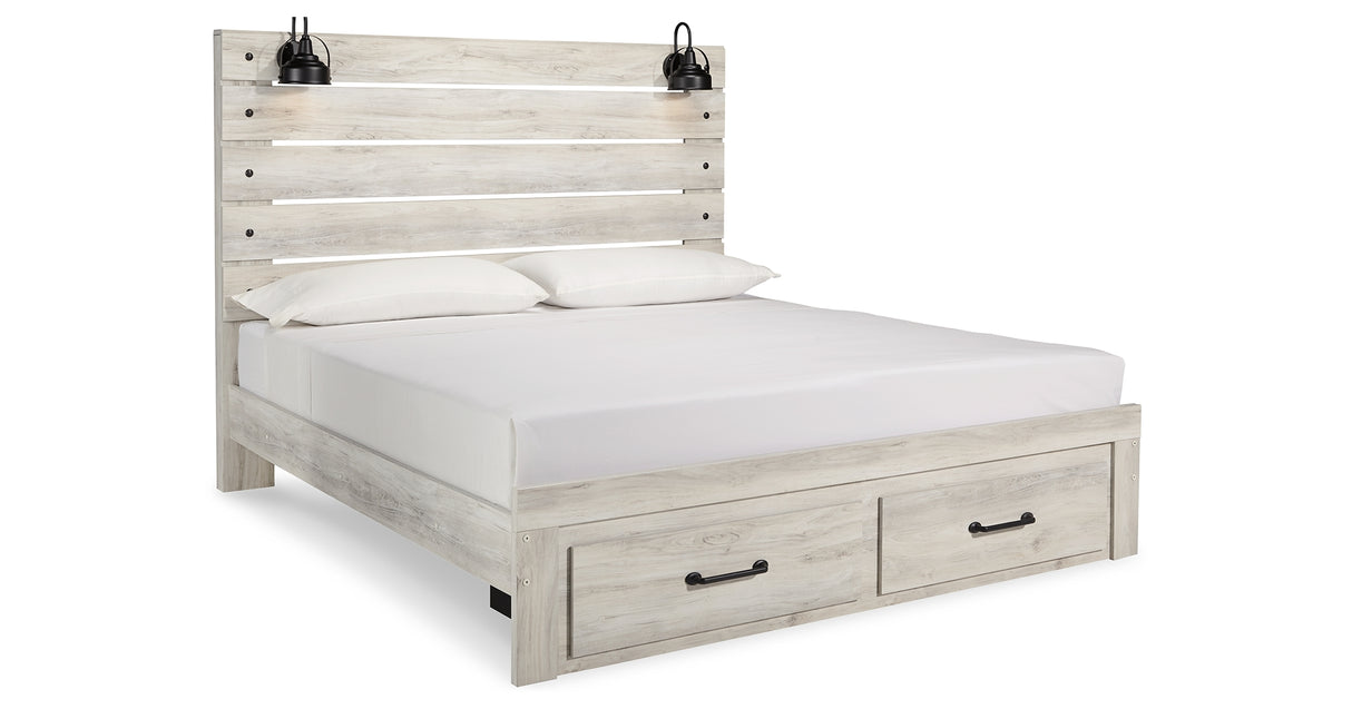 Cambeck King Panel Bed with 2 Storage Drawers with Mirrored Dresser and 2 Nightstands in Whitewash from Ashley Furniture - Luna Furniture