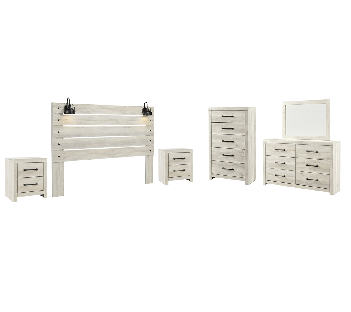 Cambeck King Panel Headboard Bed with Mirrored Dresser, Chest and 2 Nightstands in Whitewash from Ashley Furniture - Luna Furniture