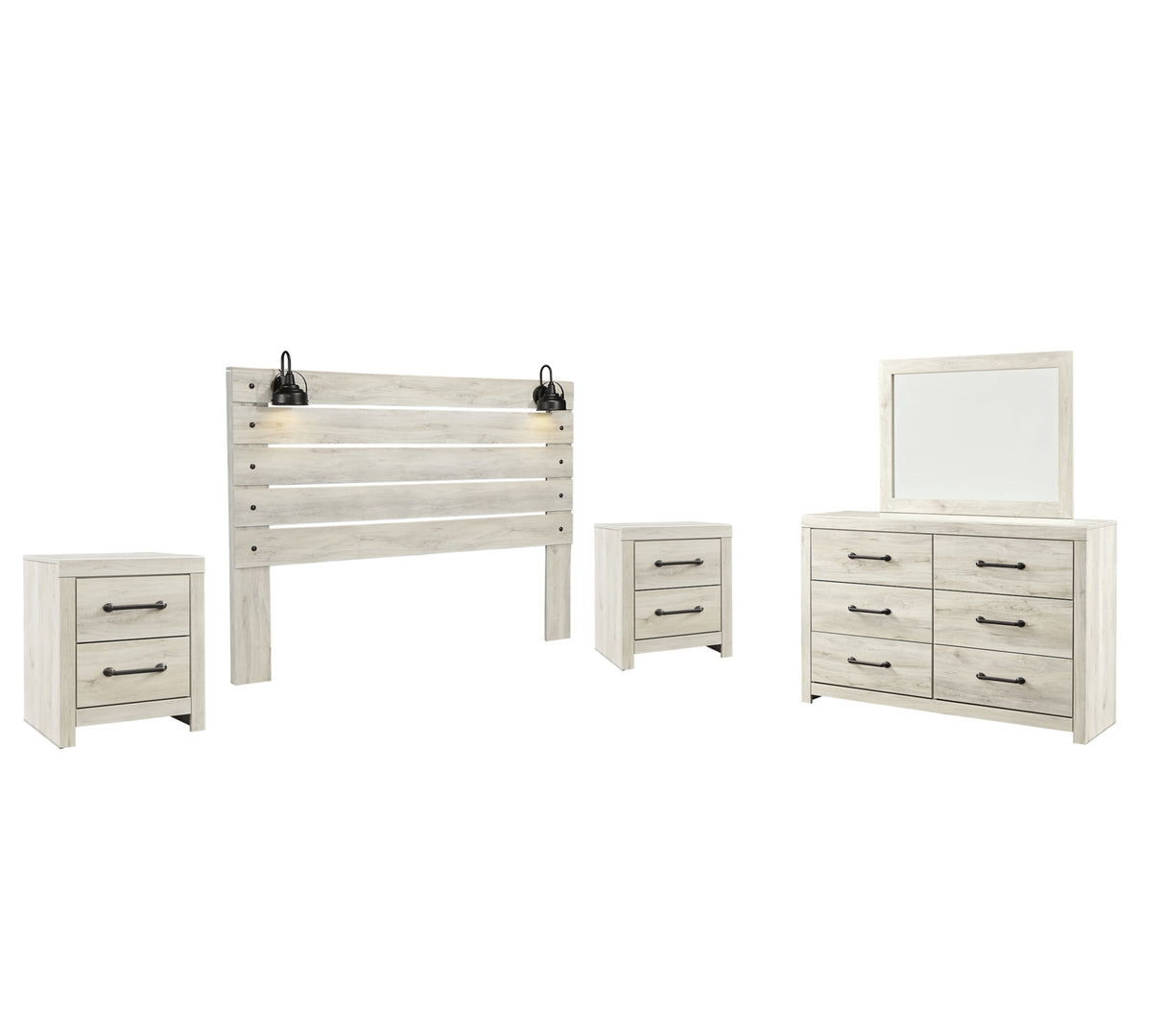 Cambeck King Panel Headboard Bed with Mirrored Dresser and 2 Nightstands in Whitewash from Ashley Furniture - Luna Furniture