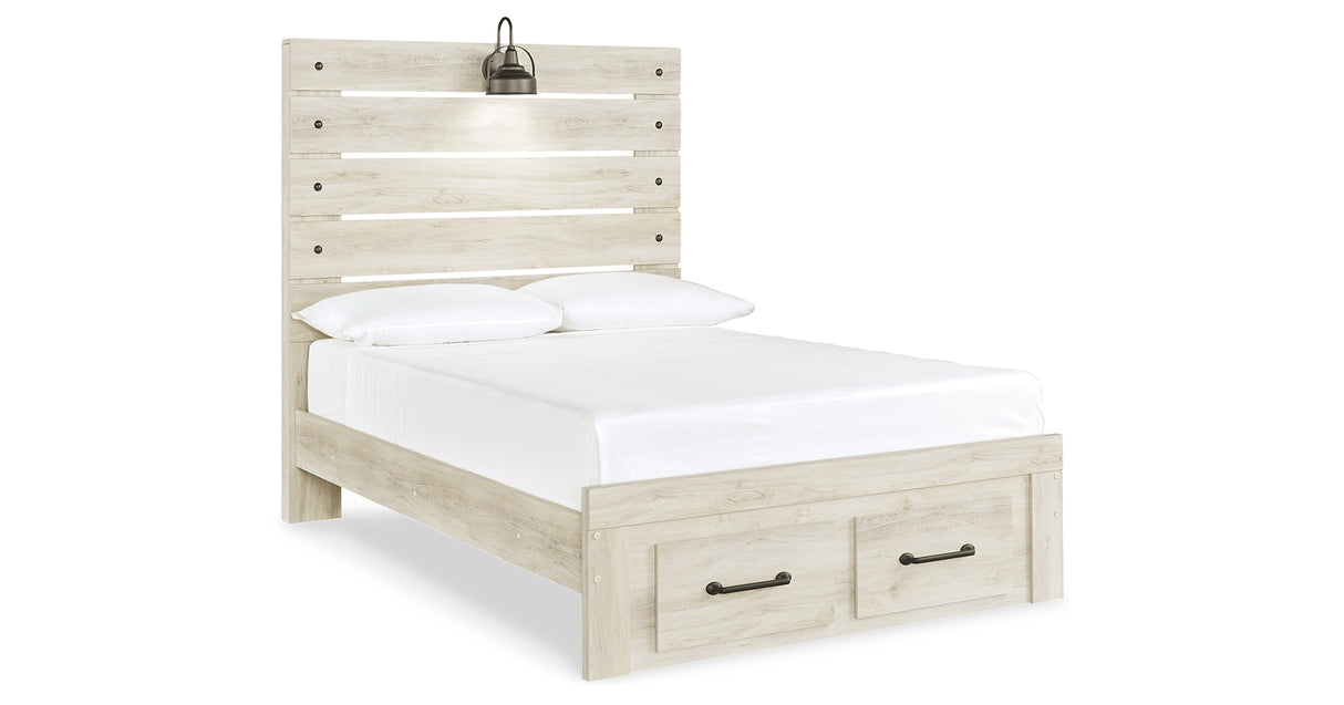 Cambeck Full Panel Bed with 2 Storage Drawers with Mirrored Dresser and Chest in Whitewash from Ashley - Luna Furniture