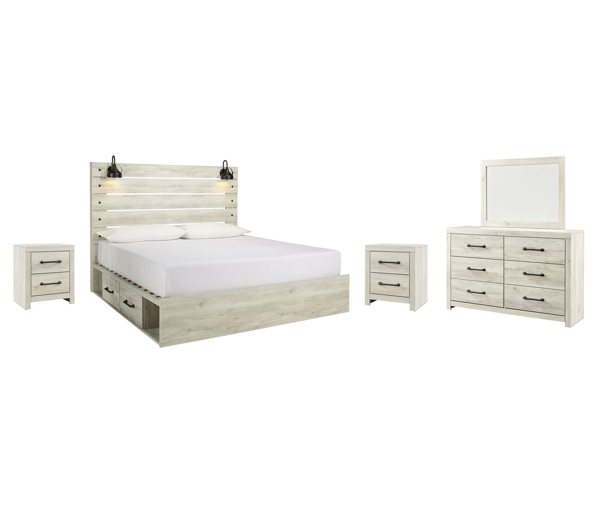 Cambeck King Panel Bed with 2 Storage Drawers with Mirrored Dresser and 2 Nightstands in Whitewash from Ashley Furniture - Luna Furniture