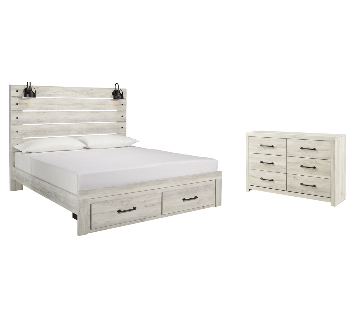 Cambeck King Panel Bed with 2 Storage Drawers with Dresser in Whitewash from Ashley Furniture - Luna Furniture
