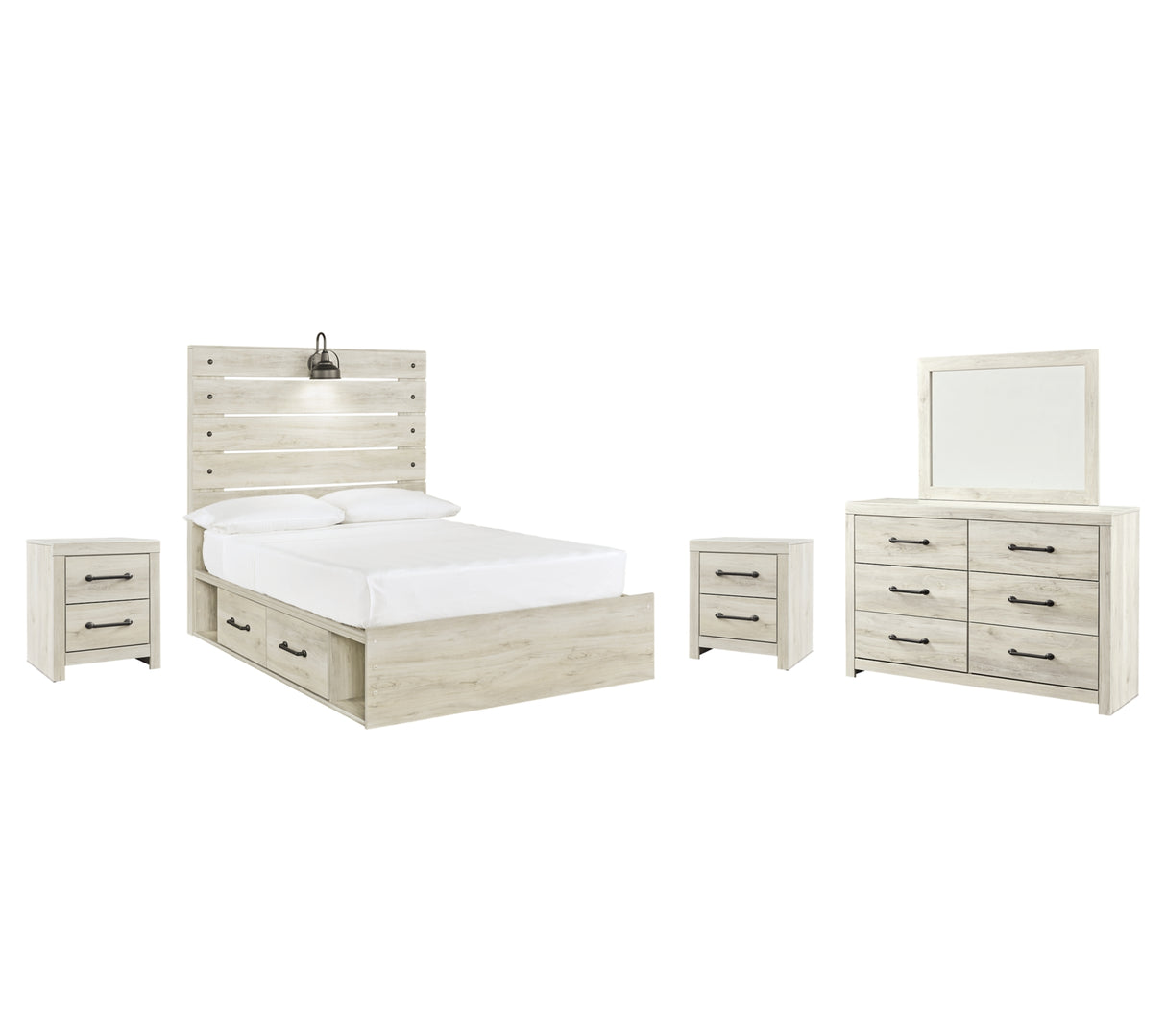 Cambeck Full Panel Bed with 4 Storage Drawers with Mirrored Dresser and 2 Nightstands in Whitewash from Ashley Furniture - Luna Furniture