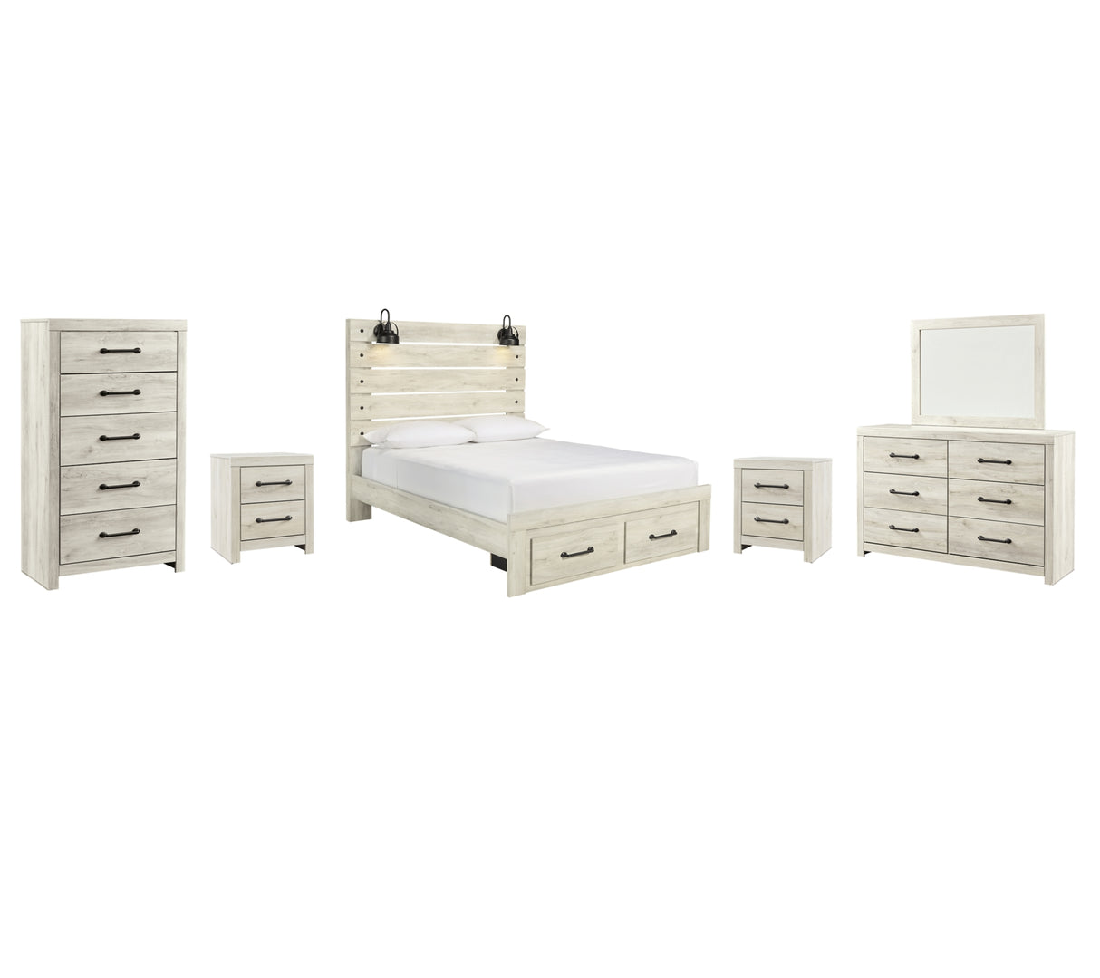 Cambeck Queen Panel Bed with 2 Storage Drawers with Mirrored Dresser, Chest and 2 Nightstands in Whitewash from Ashley Furniture - Luna Furniture