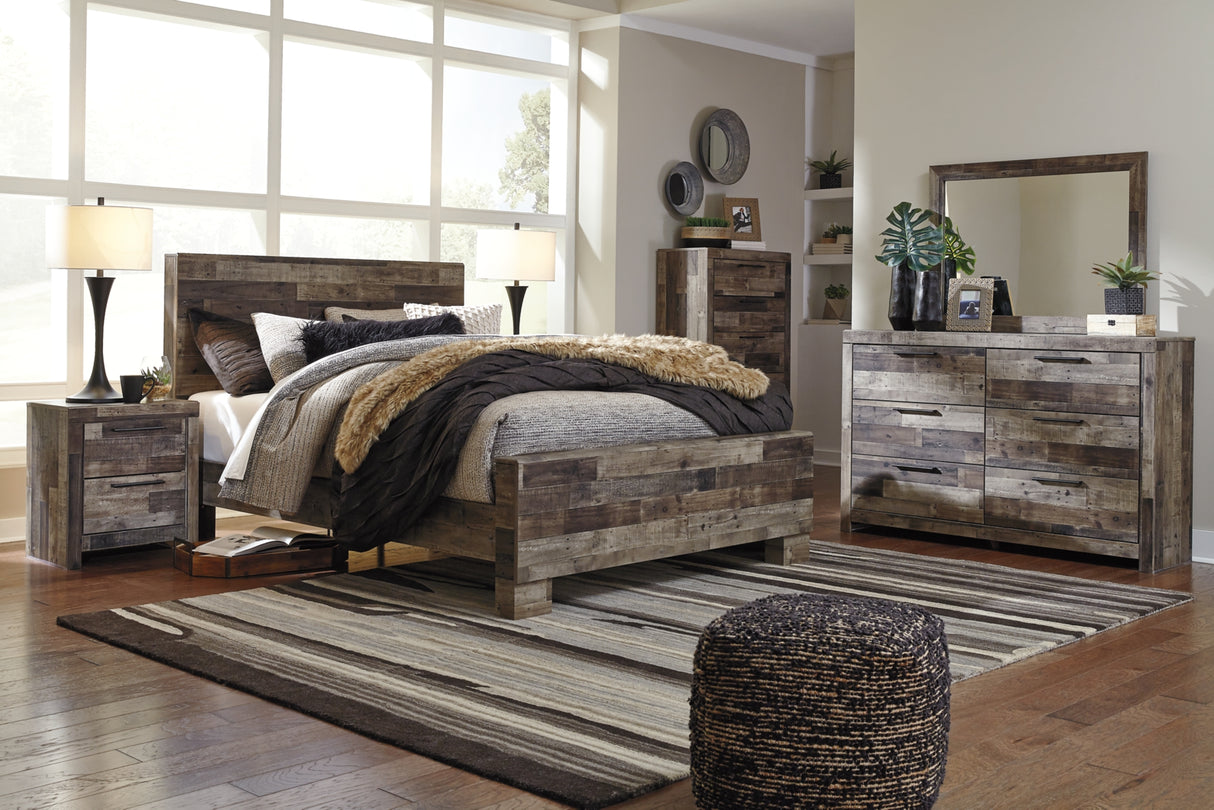 Derekson Queen Panel Bed with Mirrored Dresser, Chest and 2 Nightstands in Multi Gray from Ashley Furniture - Luna Furniture