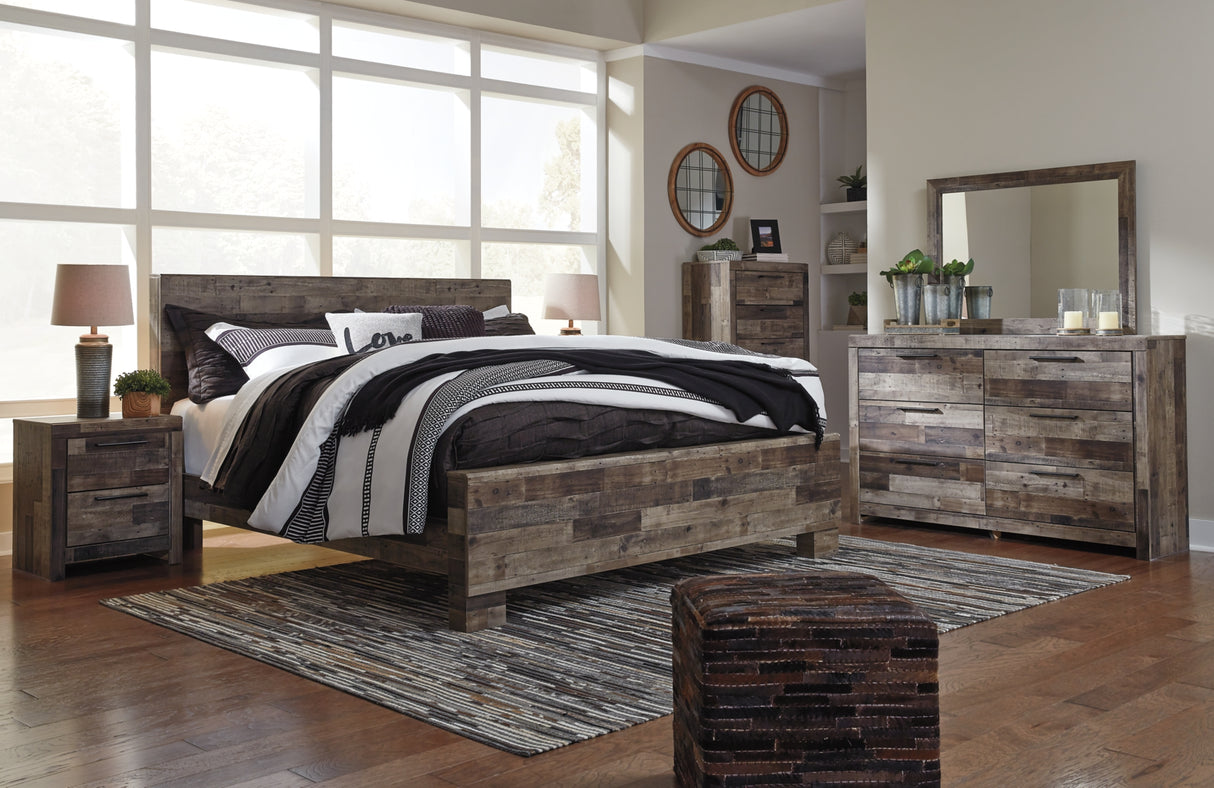 Derekson King Panel Bed with Mirrored Dresser, Chest and 2 Nightstands in Multi Gray from Ashley Furniture - Luna Furniture
