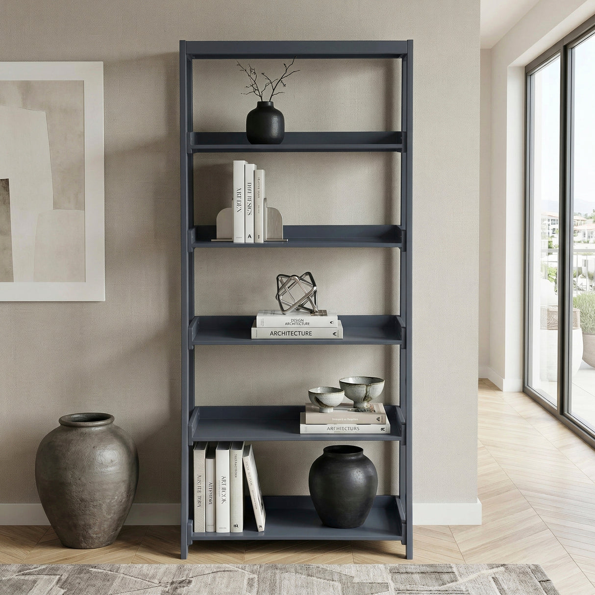 Sloane Navy Blue Bookcase, 5 Fixed Shelves from Homelegance - Luna Furniture
