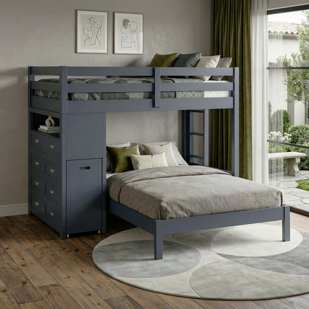 Sloane Navy Blue Twin/Full Loft Bunk Bed with Chest and Hidden Desk from Homelegance - Luna Furniture