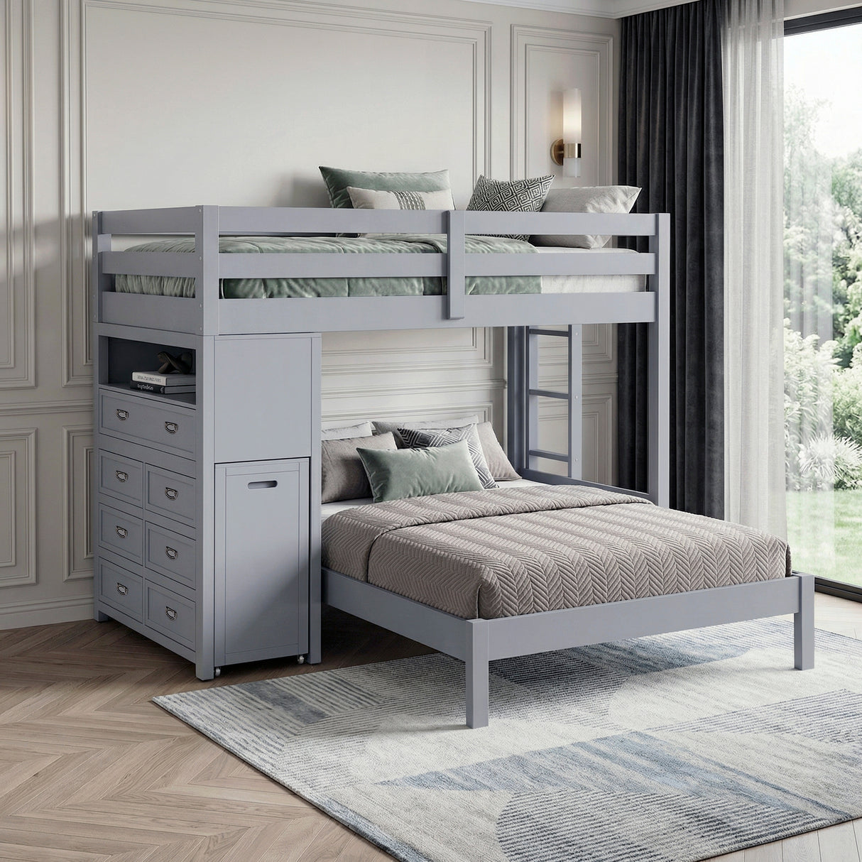 Sloane Gray Twin/Full Loft Bunk Bed with Chest and Hidden Desk from Homelegance - Luna Furniture