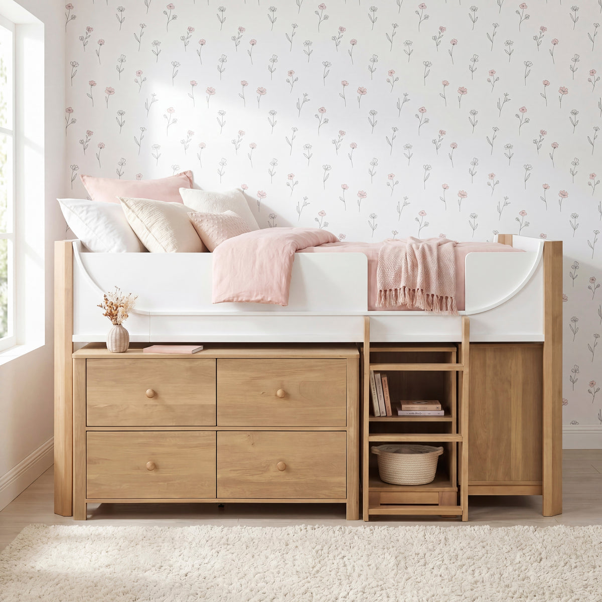 B2048WHLT-1*2BCDR (6) Low Loft Bed with 2-Shelf Bookcase, 4-Shelf Bookcase and Dresser from Homelegance - Luna Furniture