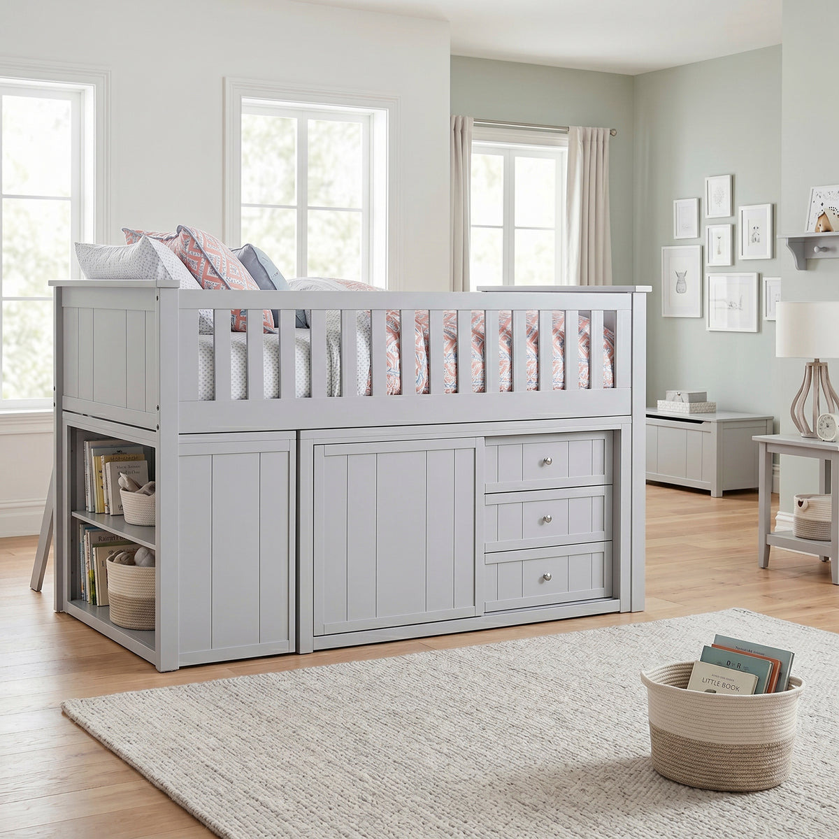Orion Gray Low Loft Bunk with Bookcase and Dresser