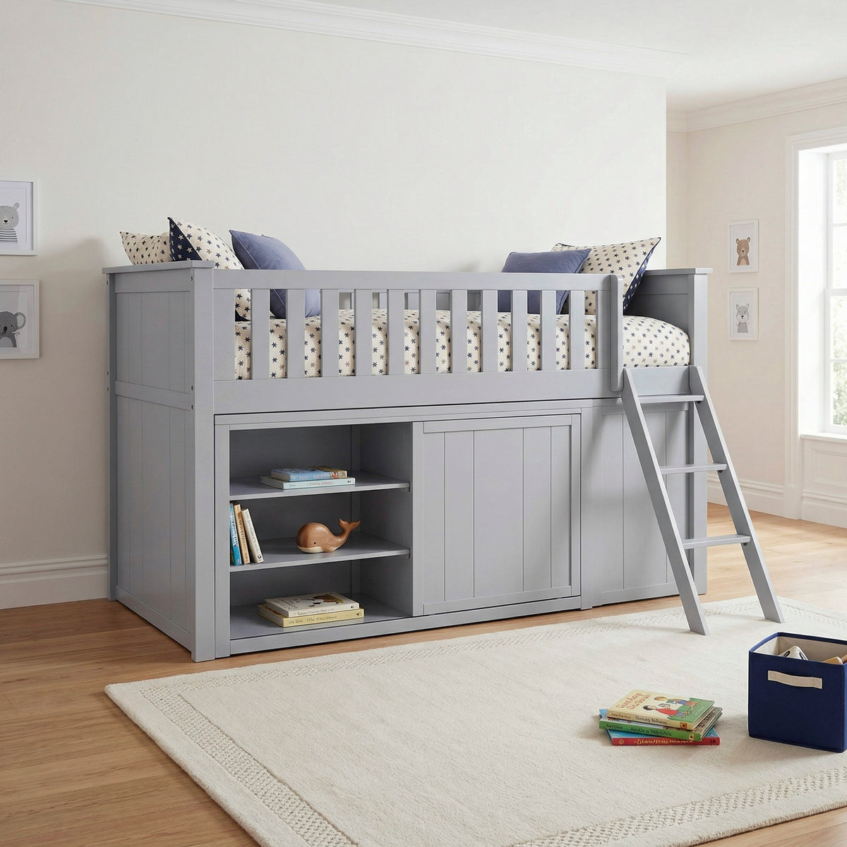 Orion Gray Low Loft Bunk with Bookcase and Dresser