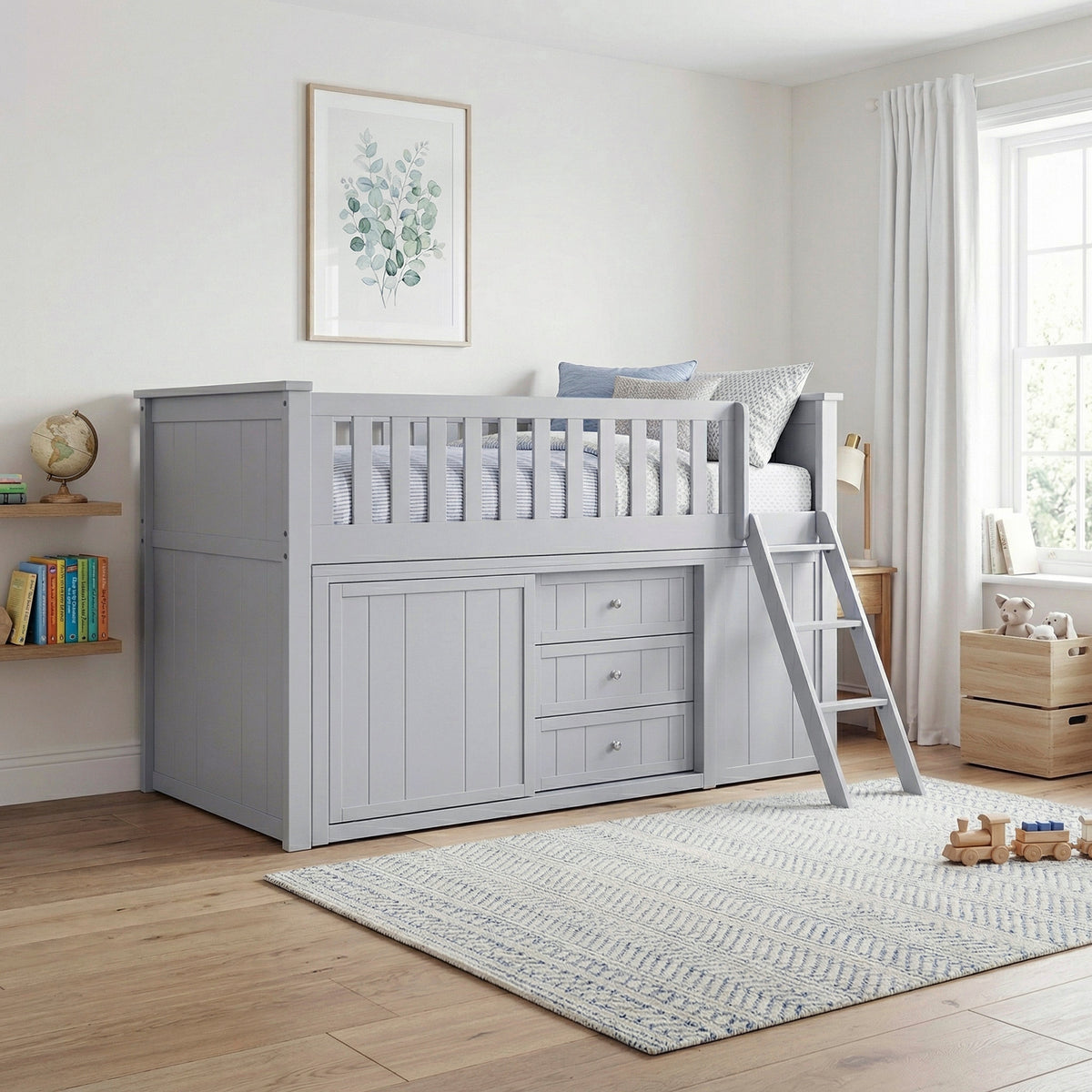 Orion Gray Low Loft Bunk with Bookcase and Dresser