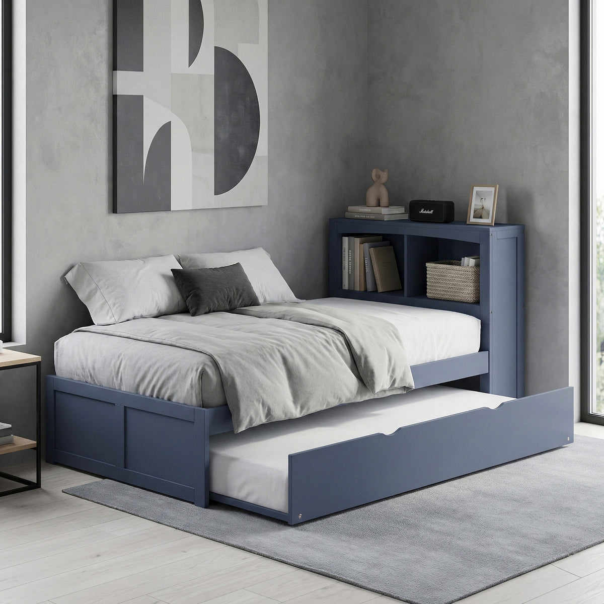 Nora Blue Twin Bookcase Corner Platform Bed