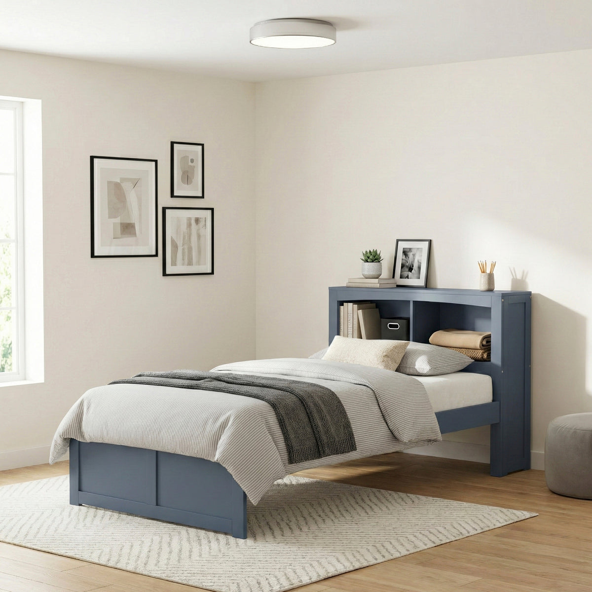 Nora Blue Twin Bookcase Corner Platform Bed
