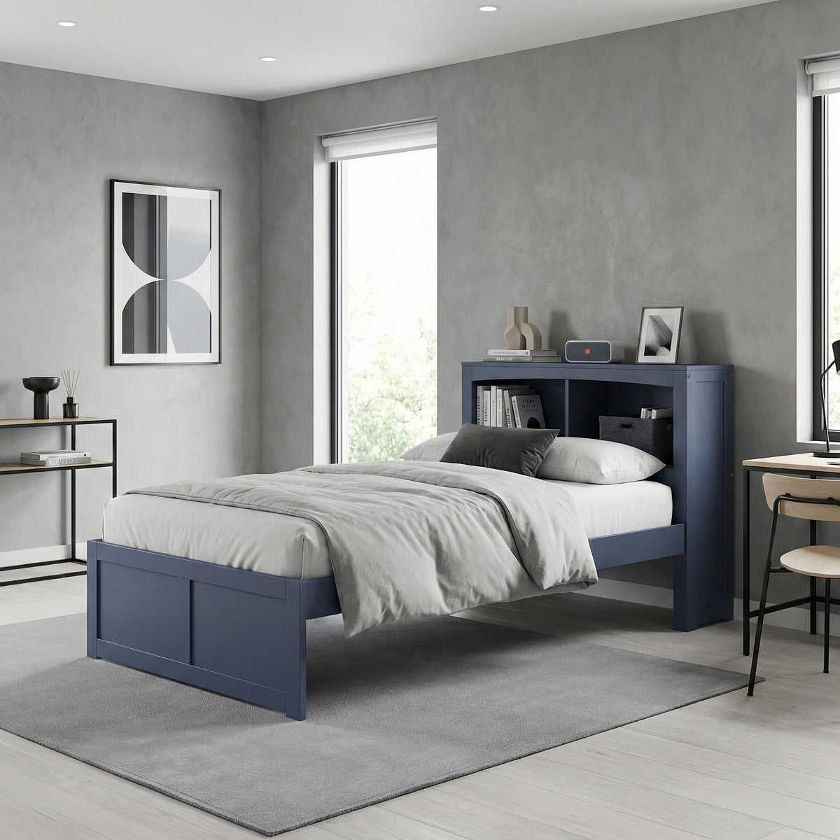 Nora Blue Twin Bookcase Corner Platform Bed