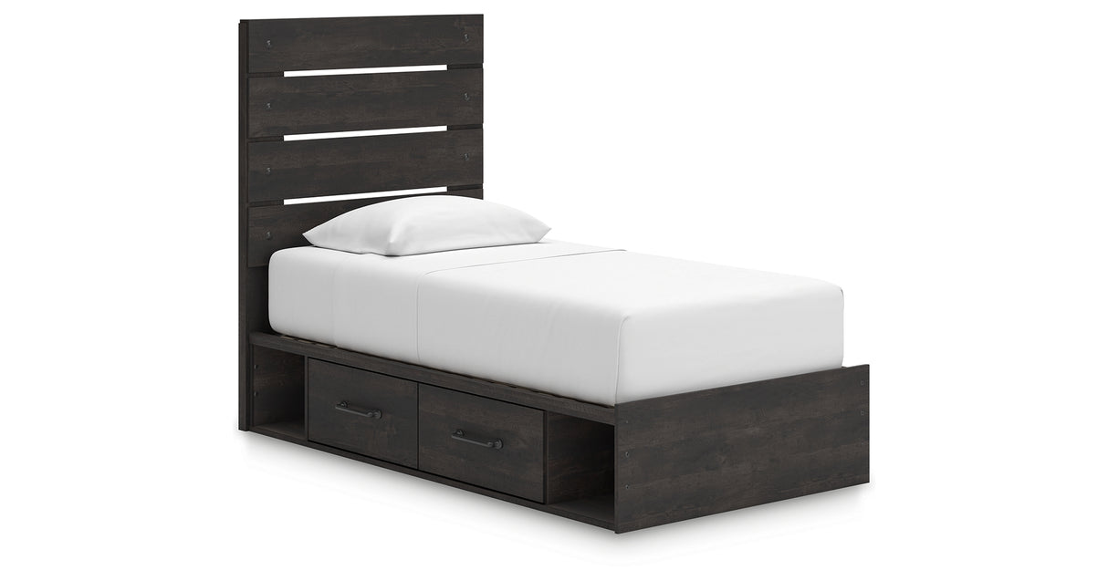 Hollivern Twin Panel Bed with Storage with Mirrored Dresser in Dark Gray from Ashley - Luna Furniture