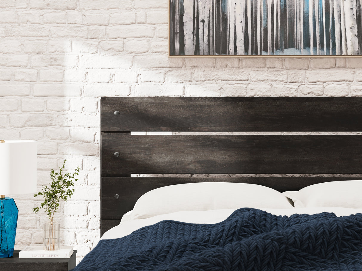 Hollivern Queen Panel Bed with Mirrored Dresser, Chest and Nightstand in Dark Gray from Ashley Furniture - Luna Furniture