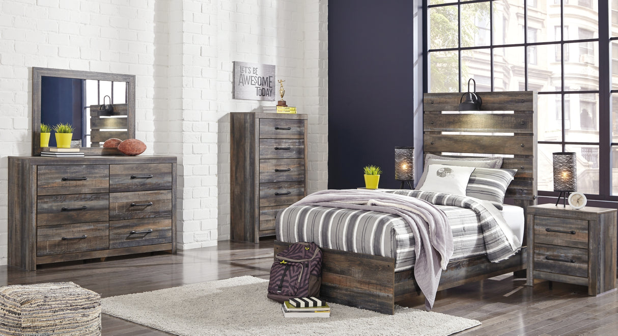 Drystan Twin Panel Bed with Mirrored Dresser, Chest and 2 Nightstands in Multi from Ashley Furniture - Luna Furniture