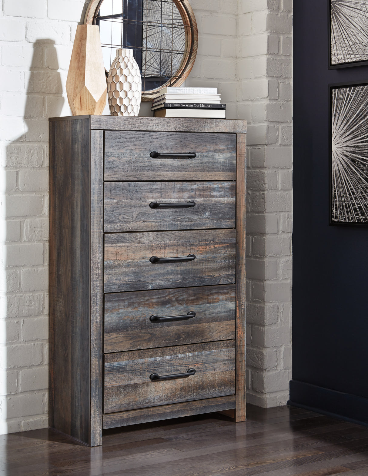Drystan King Bookcase Bed with 2 Storage Drawers with Mirrored Dresser and Chest in Multi from Ashley - Luna Furniture