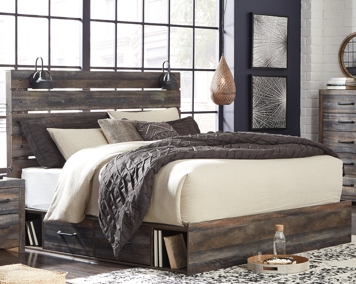 Drystan King Panel Bed with 4 Storage Drawers with Mirrored Dresser, Chest and 2 Nightstands in Multi from Ashley Furniture - Luna Furniture