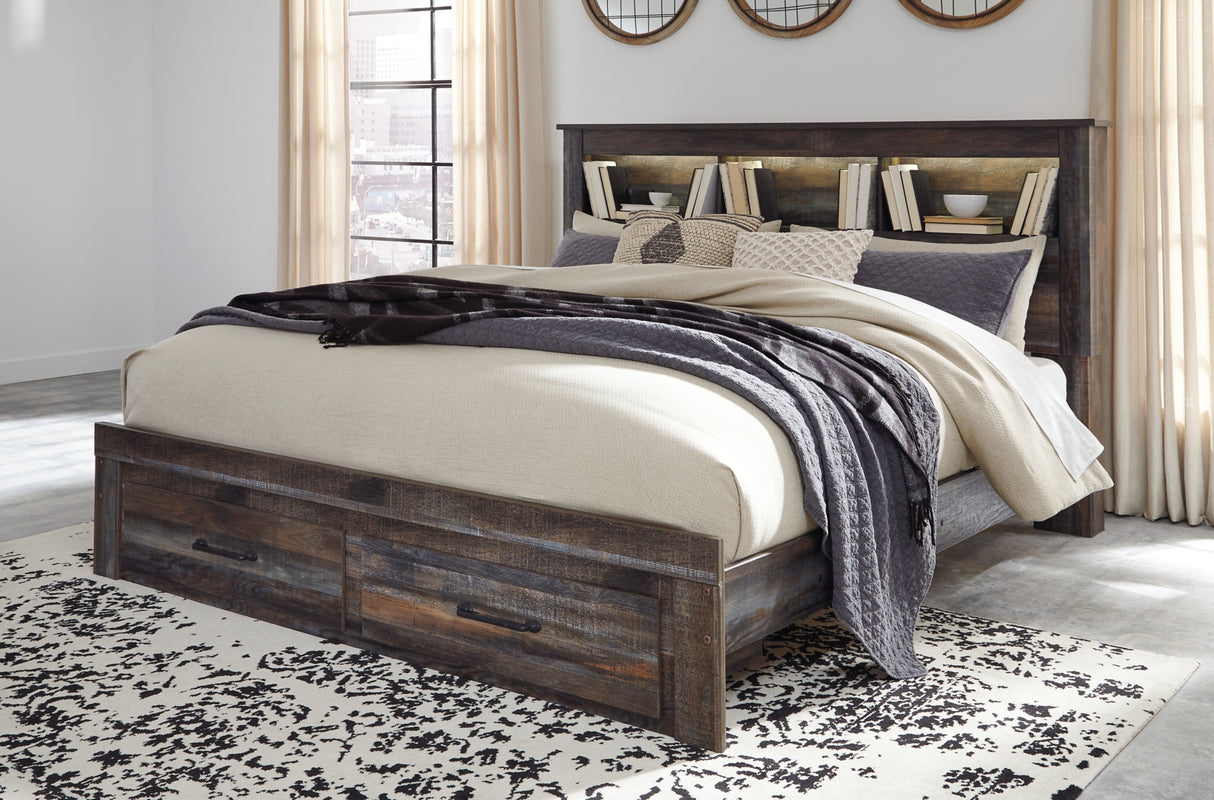 Drystan King Bookcase Bed with 2 Storage Drawers with Mirrored Dresser and Chest in Multi from Ashley - Luna Furniture
