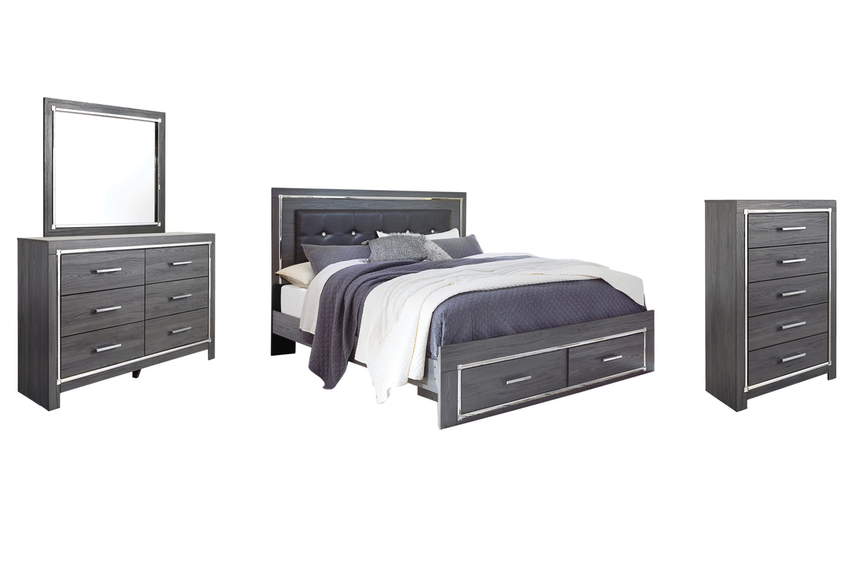 Lodanna Gray King Panel Bed with 2 Storage Drawers with Mirrored Dresser and Chest from Ashley Furniture - Luna Furniture