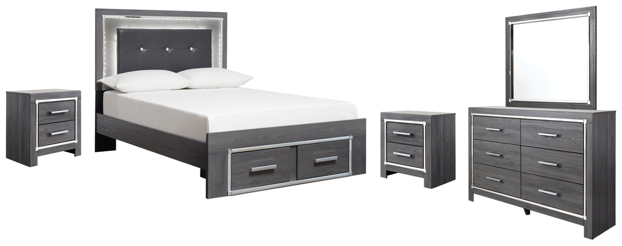 Lodanna Full Panel Bed with 2 Storage Drawers with Mirrored Dresser and 2 Nightstands in Gray from Ashley Furniture - Luna Furniture