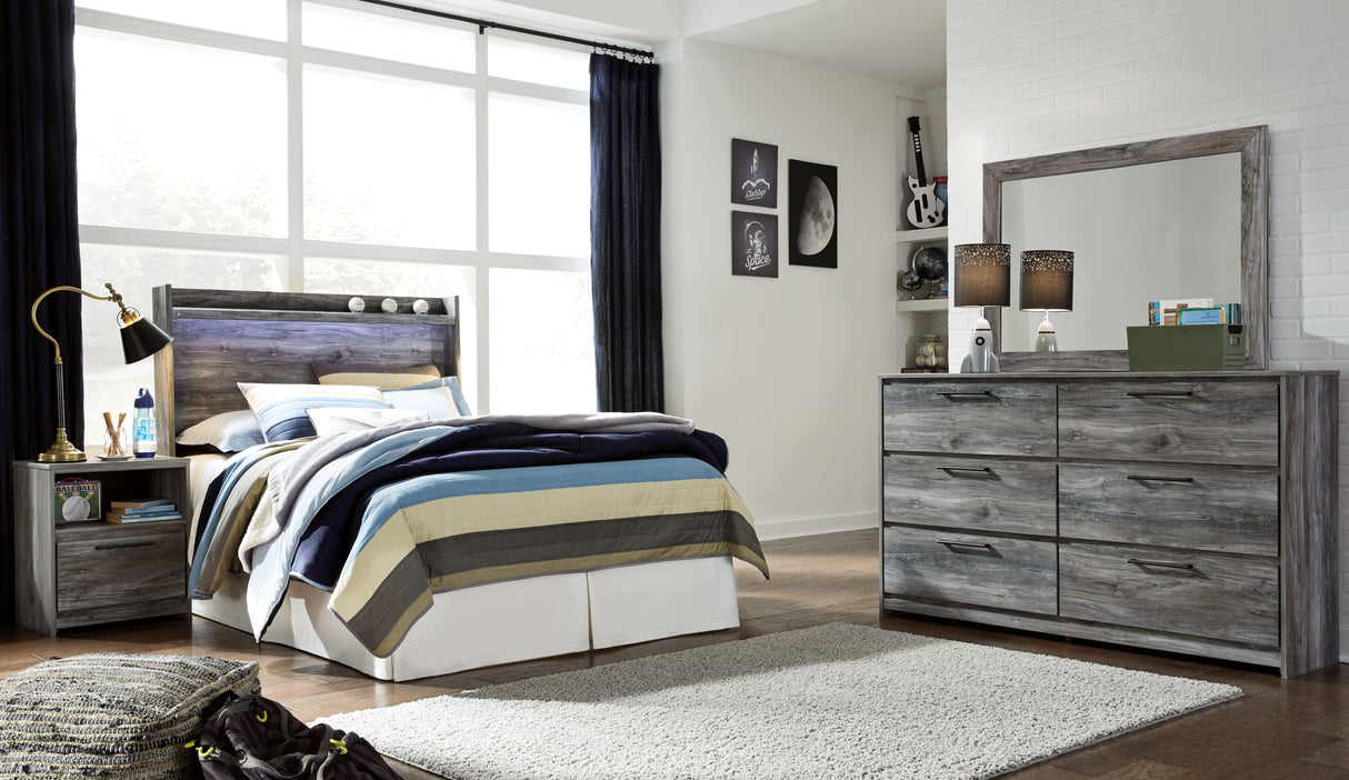 Baystorm Full Panel Headboard with Mirrored Dresser and Nightstand in Gray from Ashley - Luna Furniture